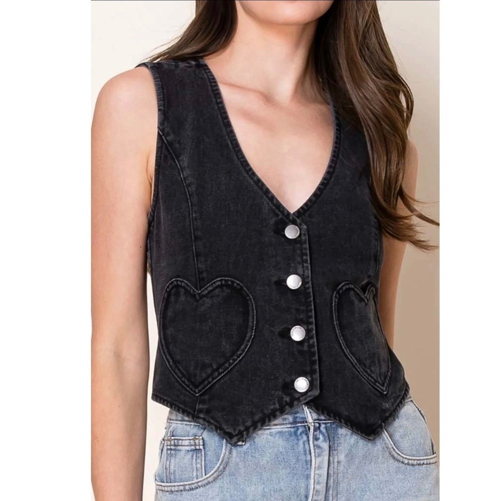 Ashley Vintage Charm Denim Vest Womens XL Black Heart Pockets Button Front